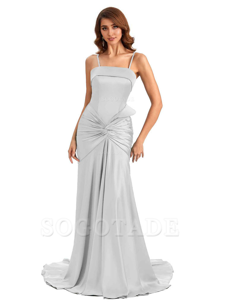 Sexy Mermaid Spaghetti Straps Silky Satin Unique Long Bridesmaid Dress For Wedding