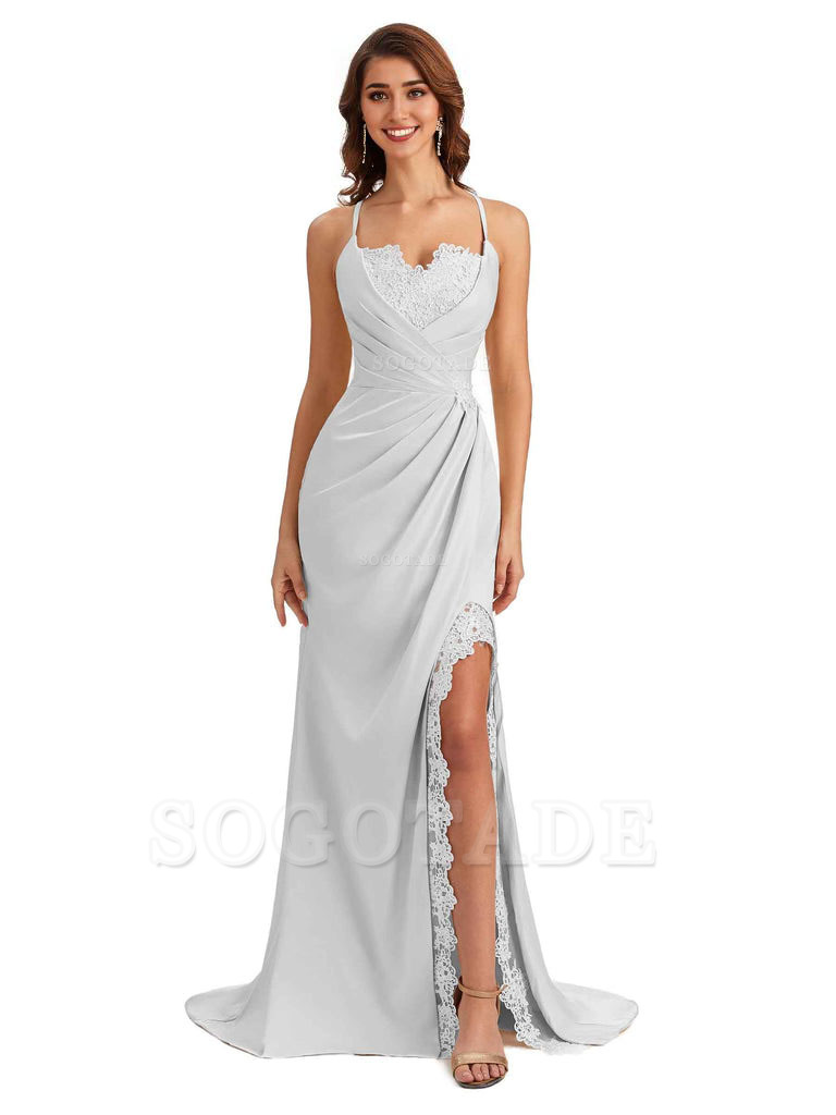 Sexy Side Slit Spaghetti Straps Lace Mermaid Silky Satin Wedding Guest Dresses