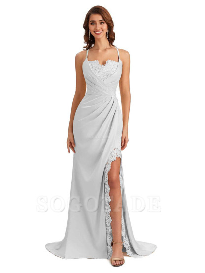 Sexy Side Slit Spaghetti Straps Lace Mermaid Silky Satin Wedding Guest Dresses