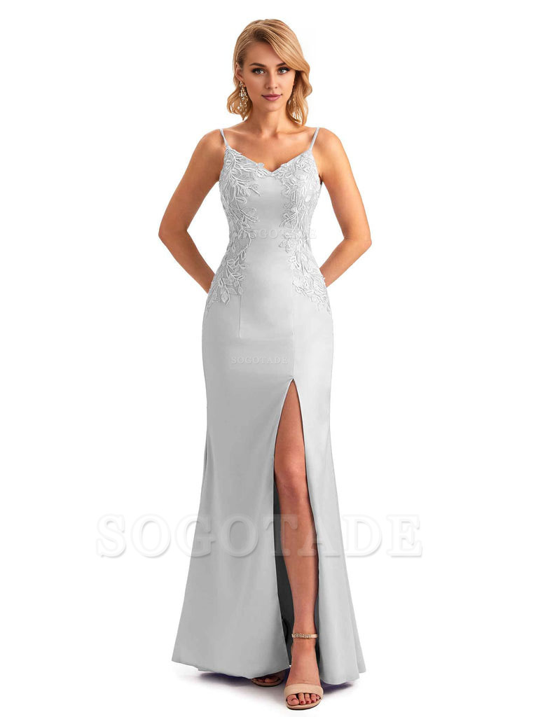 Sexy Side Split Mermaid Spaghetti Straps Soft Satin Unique Lace Long Bridesmaid Dresses
