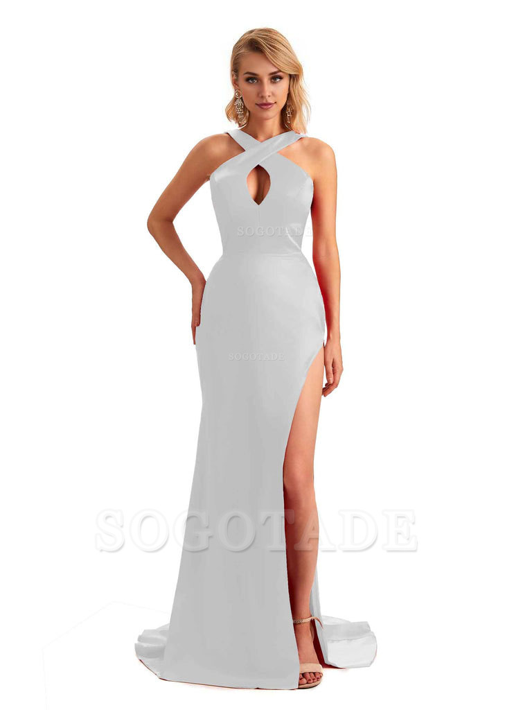 Sexy Side Slit Halter Mermaid Silky Satin Unique Long Formal Wedding Bridesmaid Dresses