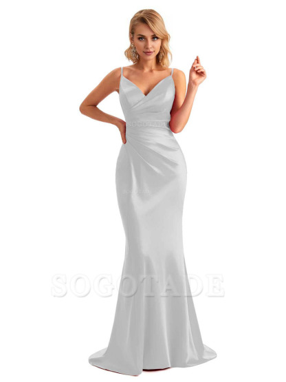  Sexy Backless Mermaid Spaghetti Straps Unique Long Formal Satin Dress For Women
