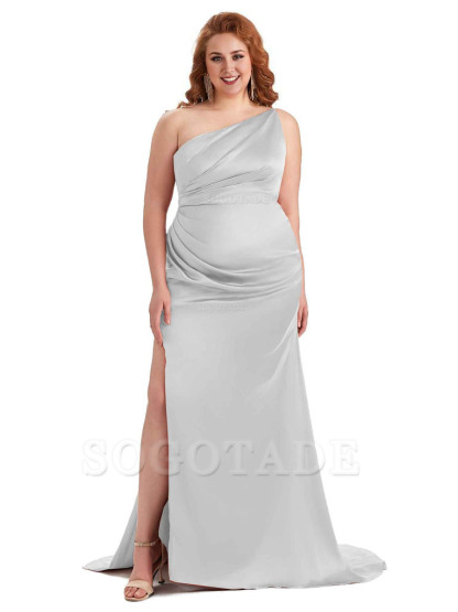 Sexy One Shoulder Side Slit Mermaid Soft Satin Long Plus Size Bridesmaid Dress For Wedding