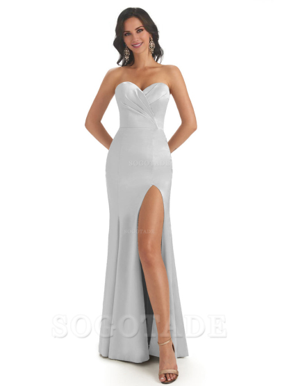 Simple Soft Satin Side Slit Sweetheart Long Mermaid Bridesmaid Dresses Elegant Evening Party Dress