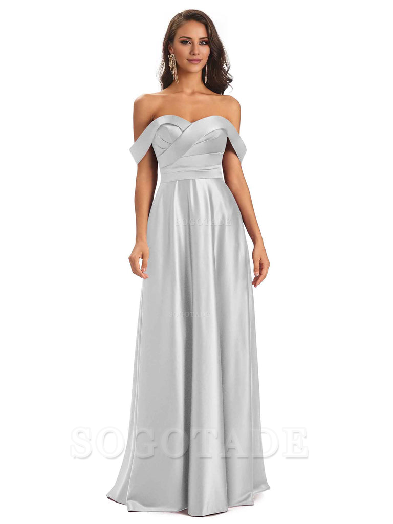 Sexy Soft Satin Off The Shoulder A-Line Long Bridesmaid Dresses Elegant Evening Party Dress
