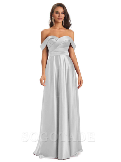 Sexy Soft Satin Off The Shoulder A-Line Long Bridesmaid Dresses Elegant Evening Party Dress