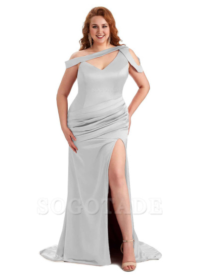Sexy V-Neck Side Slit Unique Mermaid Soft Satin Long Plus Size Bridesmaid Dress For Wedding