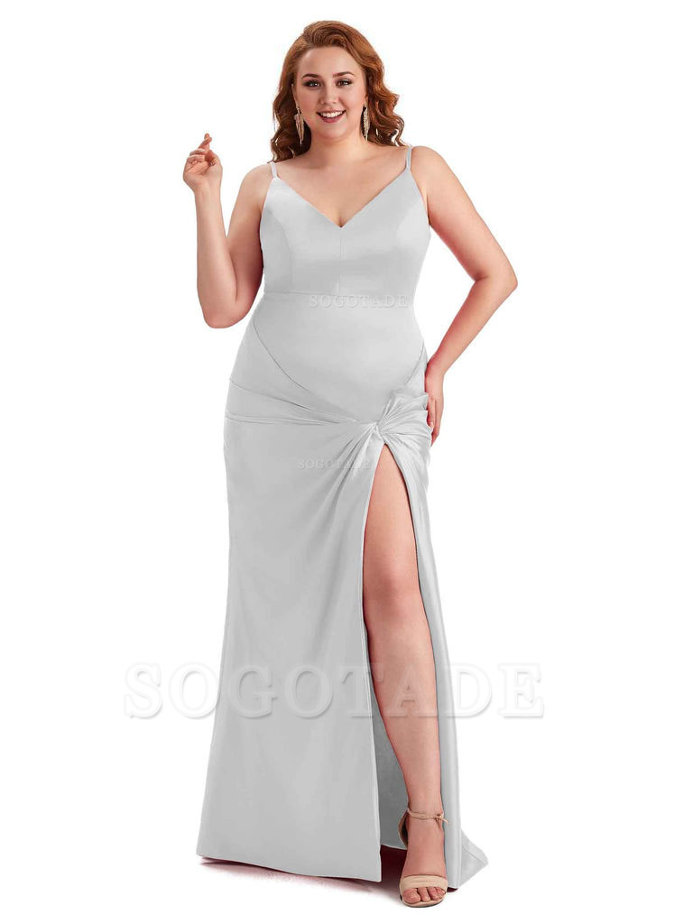 Sexy Spaghetti Straps V-neck Side Slit Mermaid Soft Satin Long Plus Size Bridesmaid Dress