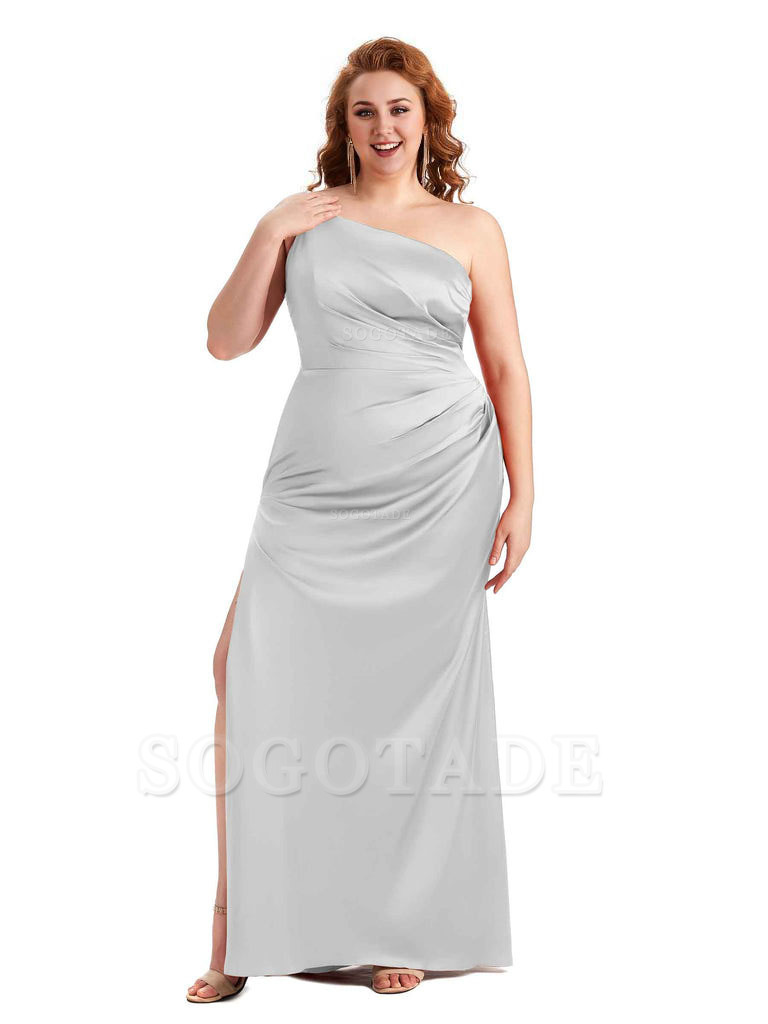 Sexy Side Slit One Shoulder Mermaid Soft Satin Long Plus Size Maid of Honour Dresses