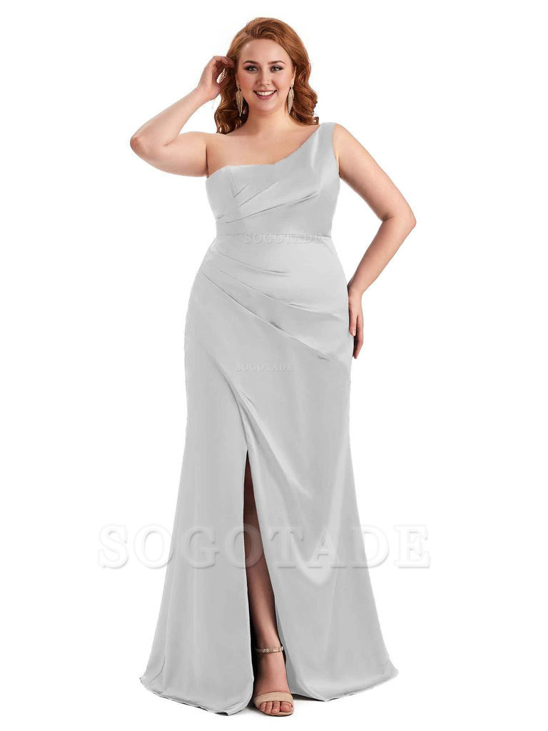 Sexy Side Slit One Shoulder Mermaid Long Plus Size Satin Maxi Dresses
