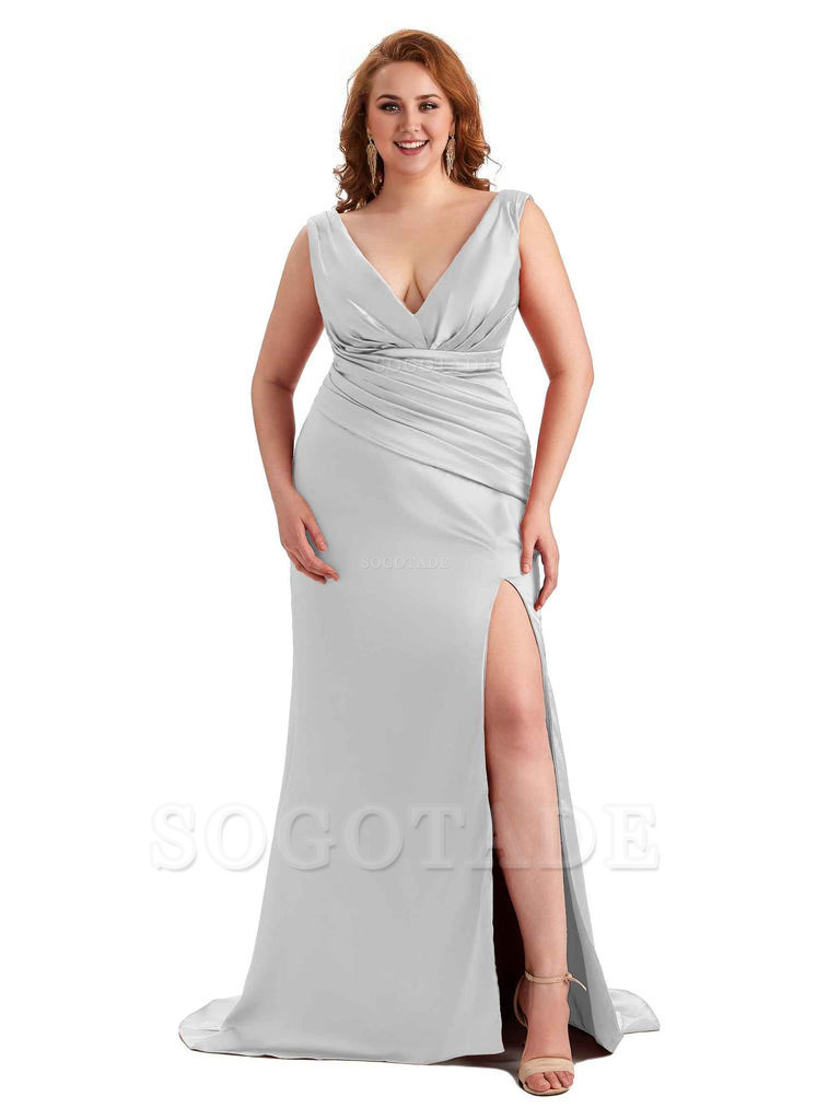 Elegant V-neck Side Slit Mermaid Soft Satin Long Plus Size Bridesmaid Dress For Wedding