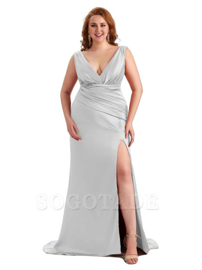 Elegant V-neck Side Slit Mermaid Soft Satin Long Plus Size Bridesmaid Dress For Wedding