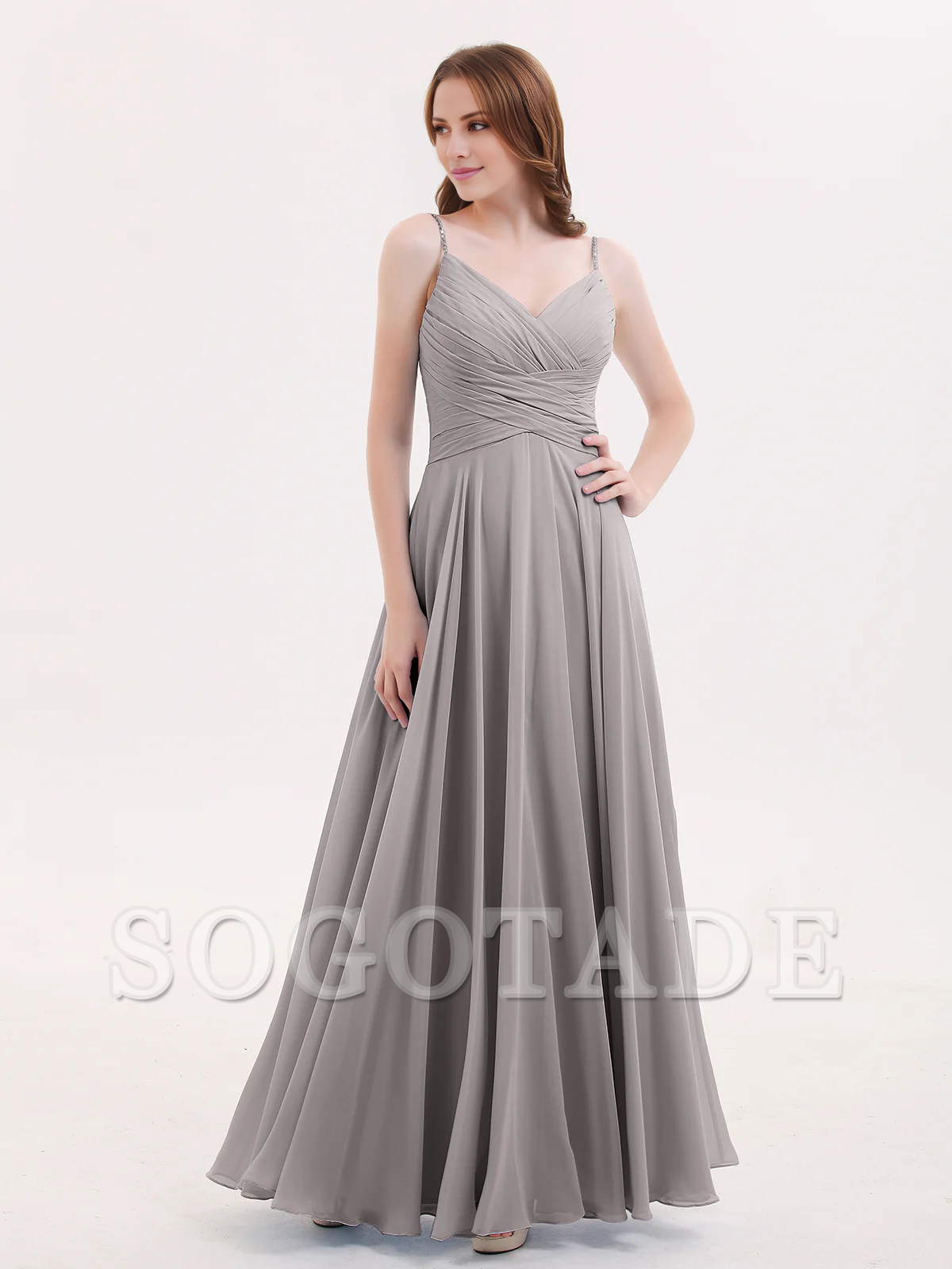 V-neck Fine Shoulder Strap Floor Length Chiffon Bridesmaid Dresses Online