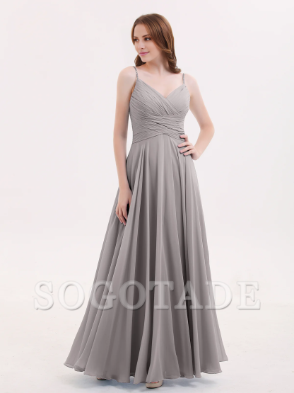 V-neck Fine Shoulder Strap Floor Length Chiffon Bridesmaid Dresses Online