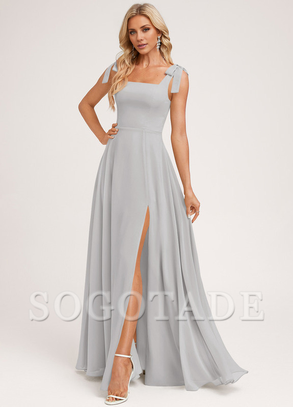A-shaped square bow landing chiffon bridesmaid dress