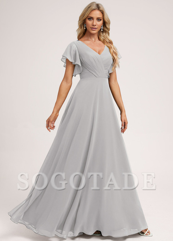 Ruffle A-line V-neck and floor chiffon bridesmaid dress