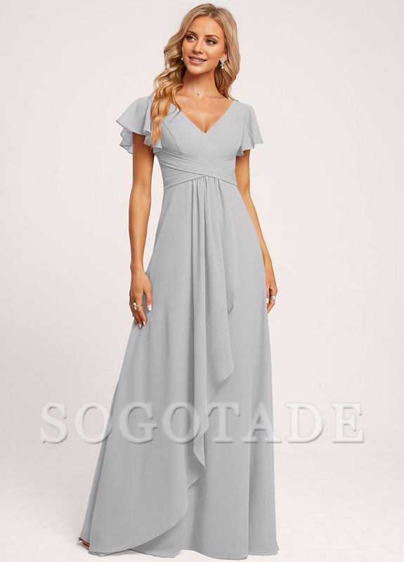 Ruffle A-line V-neck and floor chiffon bridesmaid dress