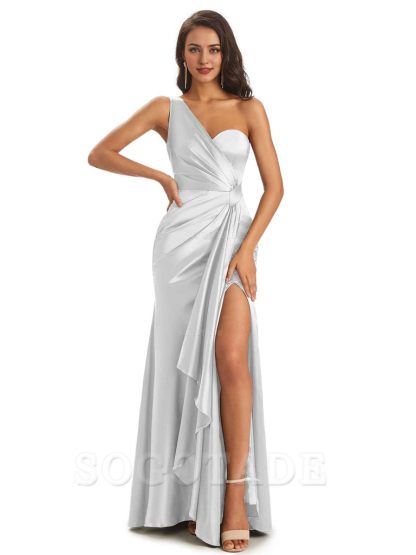 Elegant Soft Satin Side Slit One Shoulder Unique Mermaid Bridesmaid Dresses Online prom dresses shops