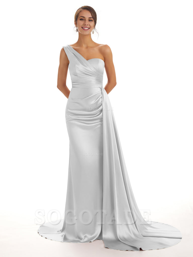 Elegant One Shoulder Soft Satin Unique Mermaid Long Bridesmaid Dresses Online prom dresses shops