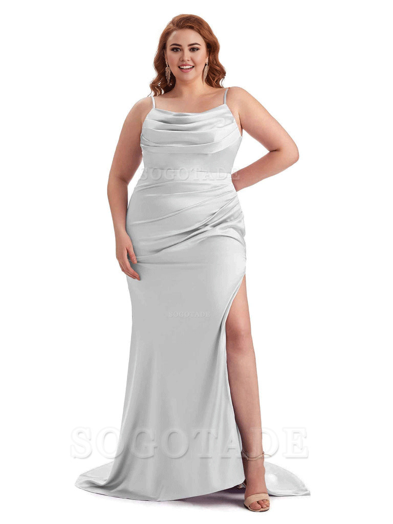 Sexy Jewel Side Slit Mermaid Soft Satin Long Plus Size Bridesmaid Dress For Wedding