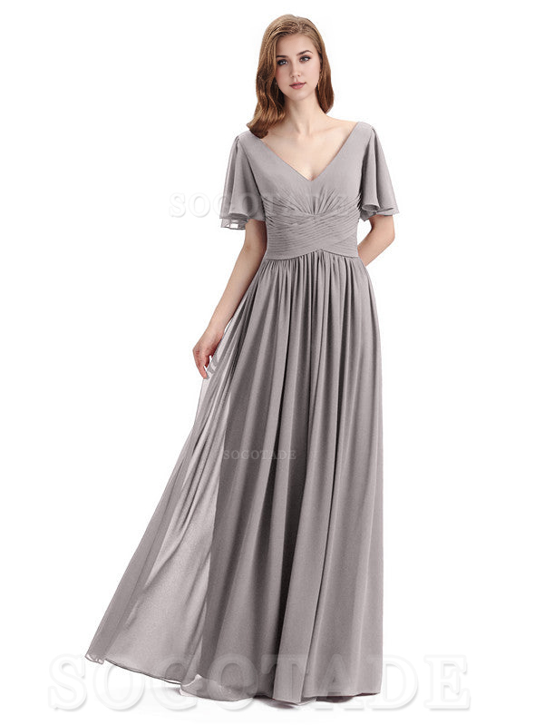 A-Line Chiffon Short Sleeves Elegant Floor-Length Bridesmaid Dresses Formal Women's Dresses Wedding Guests Dresses