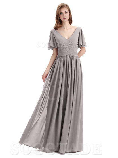 A-Line Chiffon Short Sleeves Elegant Floor-Length Bridesmaid Dresses Formal Women's Dresses Wedding Guests Dresses