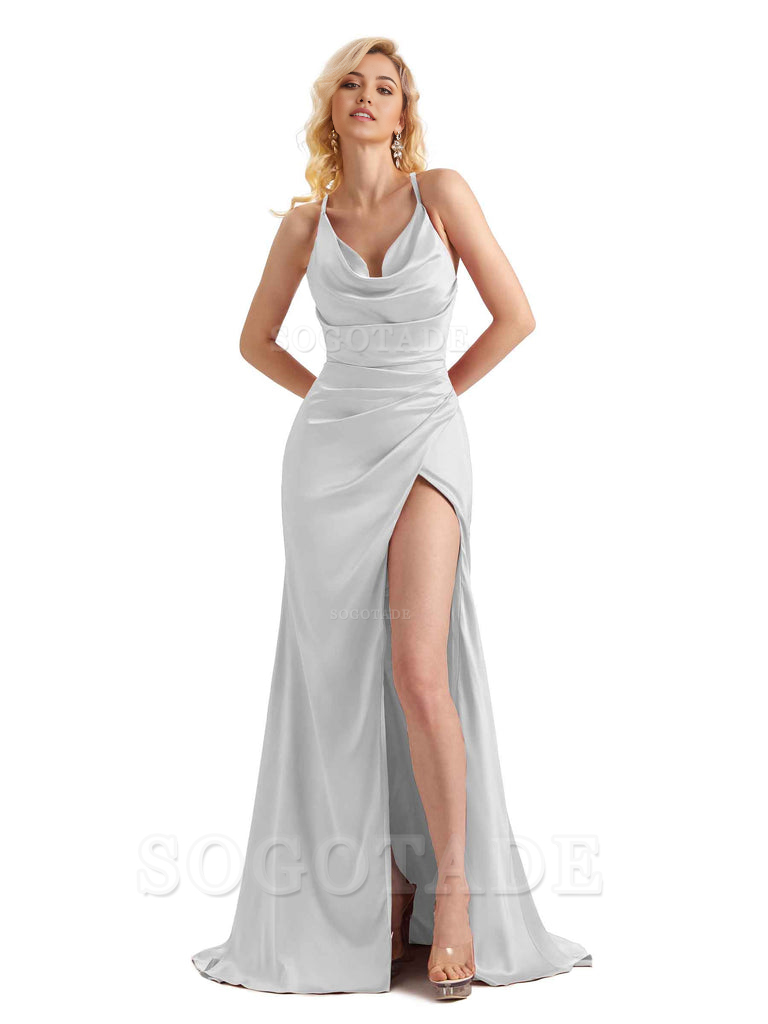 Sheath Cowl Neck Satin formal dresses evening gown Bridesmaid Dresses With Side Slit 