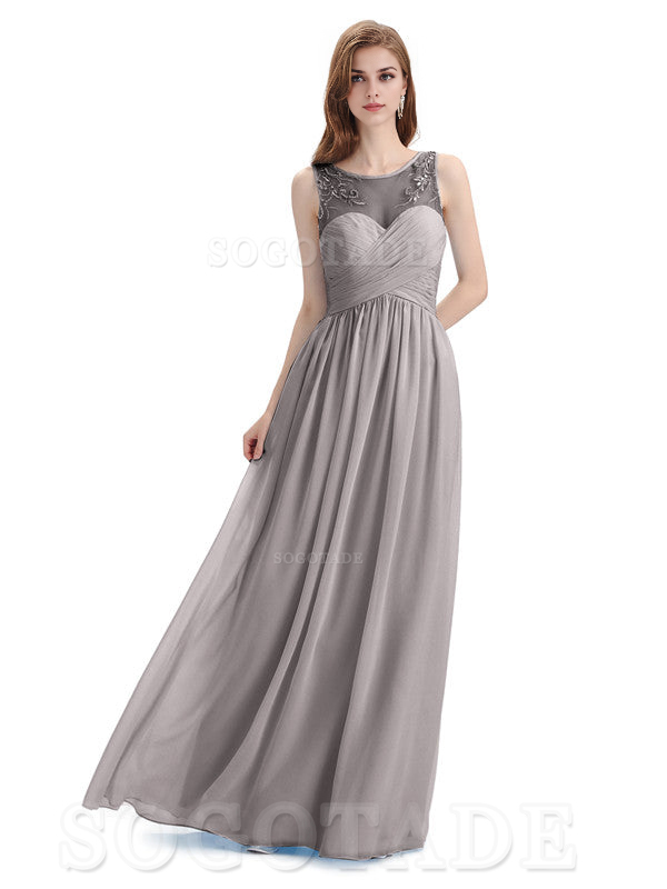 Elegant A-Line Chiffon Sleeveless Ruched Long Simple Bridesmaid Dresses Formal Women's Dresses Wedding Guests Dresses