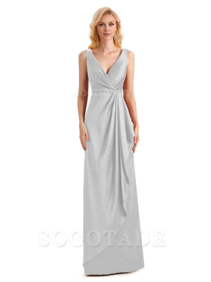 V Neck Elegant Soft Satin Formal Long Maid Bridesmaid Dresses Formal Wear Dresses