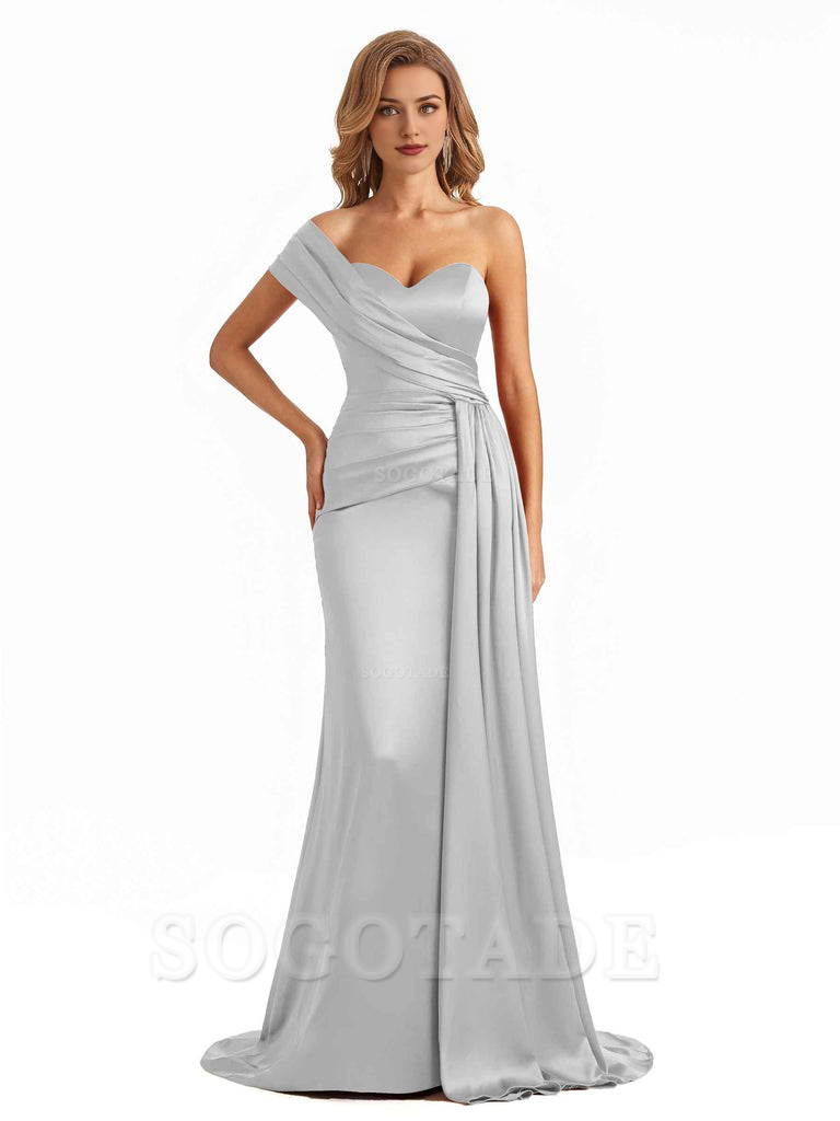 Elegant One Shoulder Soft Satin Long Mermaid Bridesmaid Dresses Online prom shop dresses ﻿