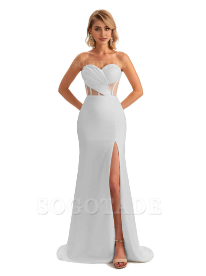 Sexy Sweetheart Strapless Side Slit Mermaid Soft Satin Unique Long Bridesmaid Dress For Wedding