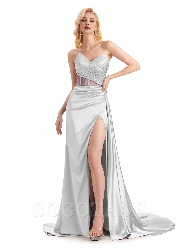 Sexy Soft Satin Side Slit See Through Floor-Length Long Mermaid Bridesmaid Dresses prom shop dresses