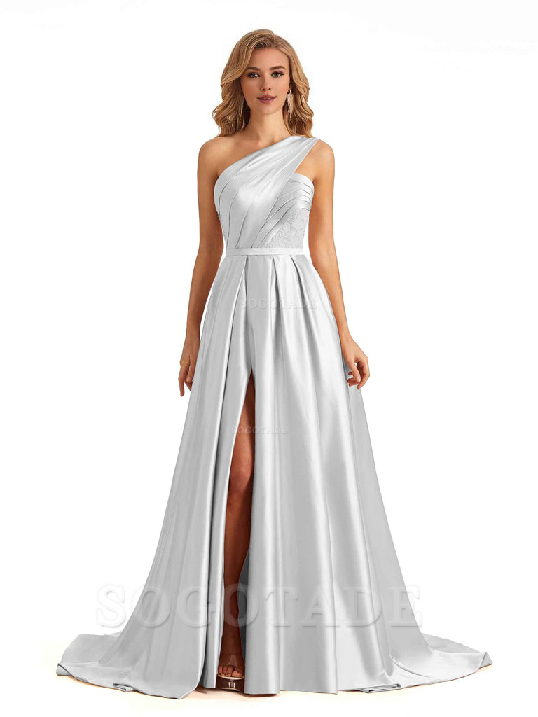 Sexy Side Slit One Shoulder A-Line Soft Satin Long Bridesmaid Dresses Online prom dress in store
