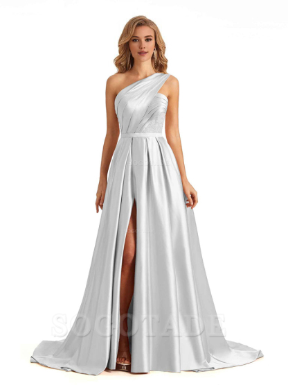 Sexy Side Slit One Shoulder A-Line Soft Satin Long Bridesmaid Dresses Online prom dress in store
