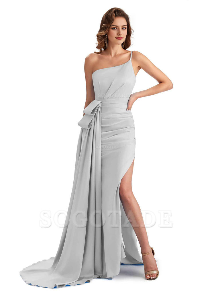 Sexy Side Slit Mermaid Silky Satin One Shoulder Modern Maxi Bridesmaid Dresses