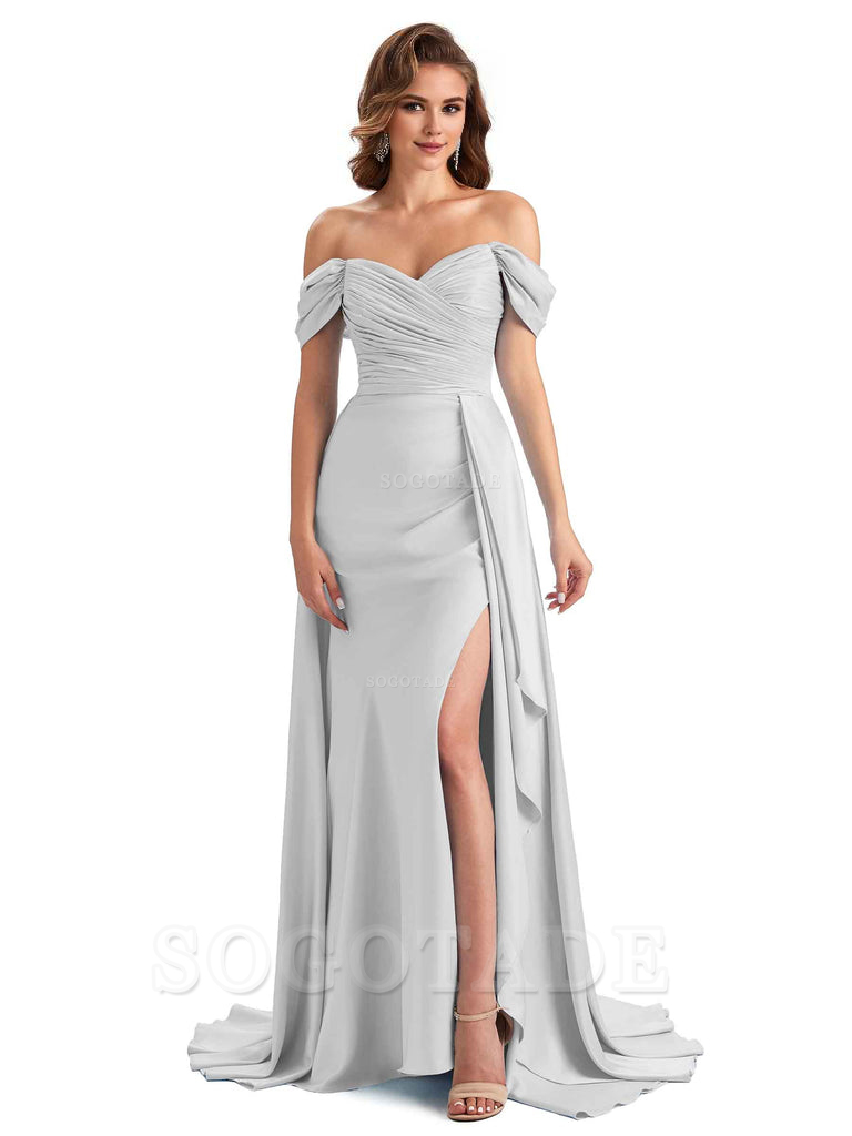 Sexy Side Slit Mermaid Soft Satin Off The Shoulder Long Unique Bridesmaid Dresses prom dress in store