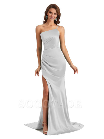 Sexy Silky Satin Side Slit One Shoulder Unique Long Wedding Guest Maxi Dresses