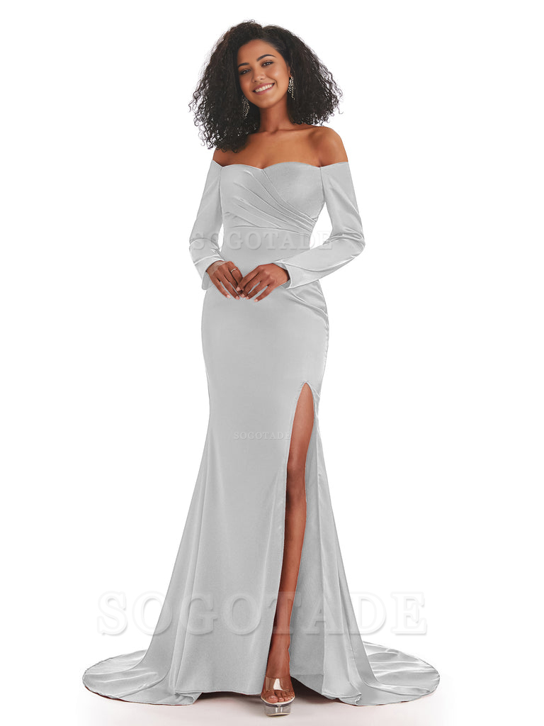 Mermaid Long Sleeve Satin formal dresses evening gown Bridesmaid Dresses With Side Slit 