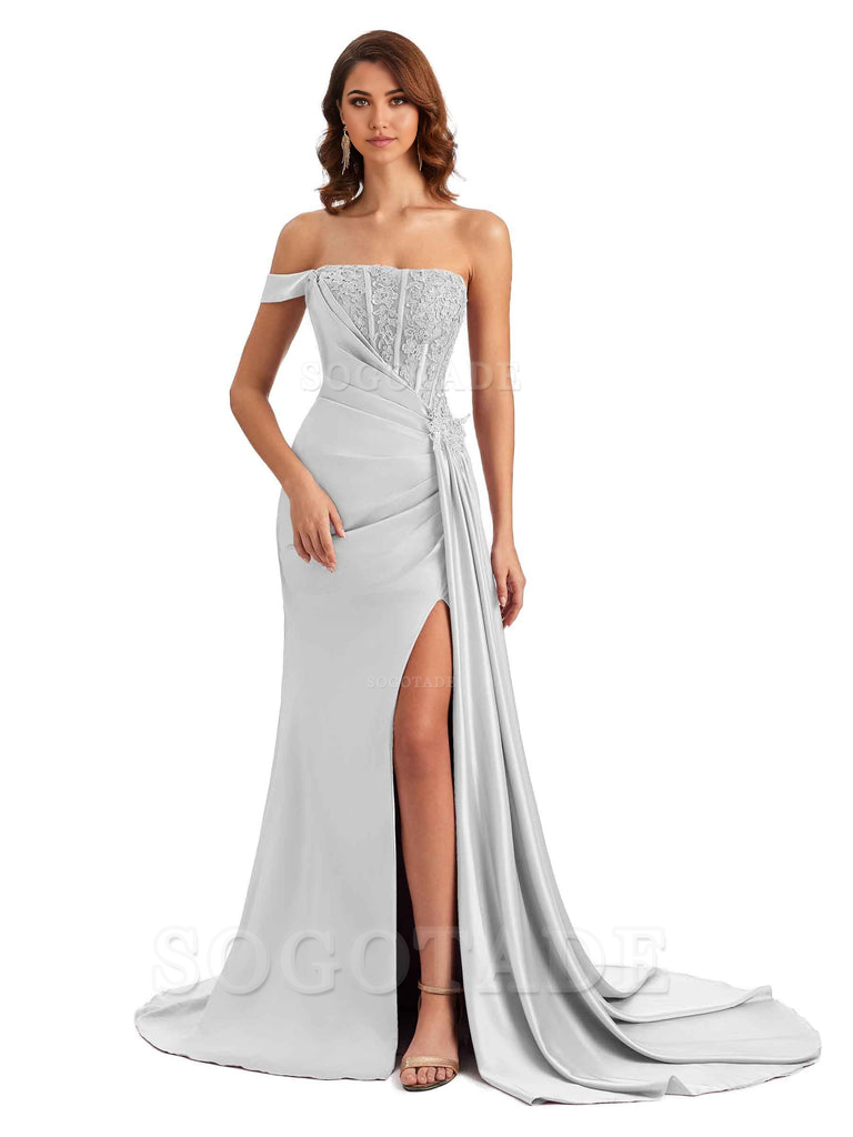 Mermaid Off Shoulder Applique formal dresses evening gown Bridesmaid Dresses With Side Slit 