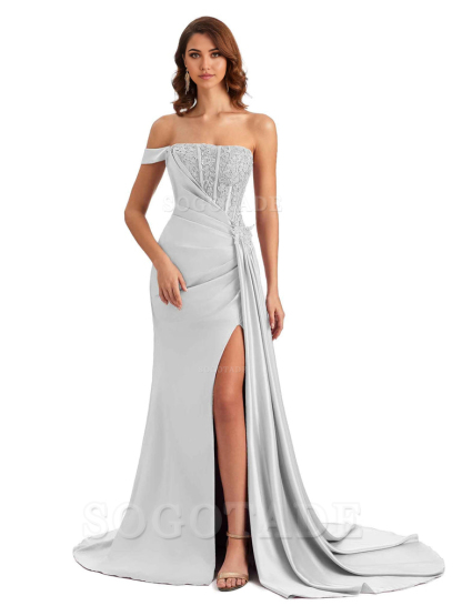 Mermaid Off Shoulder Applique formal dresses evening gown Bridesmaid Dresses With Side Slit 