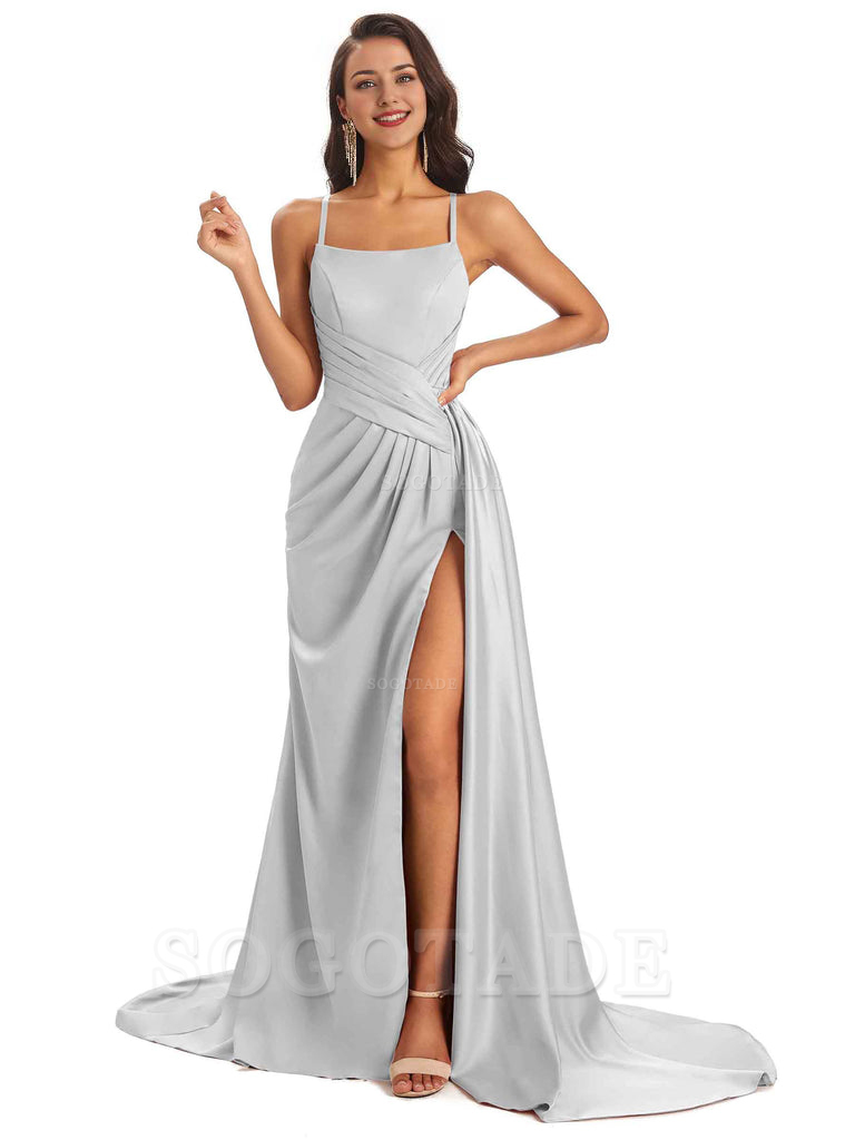 Sexy Soft Satin Side Slit Spaghetti Straps Long Maxi Bridesmaid Dresses prom shop dresses