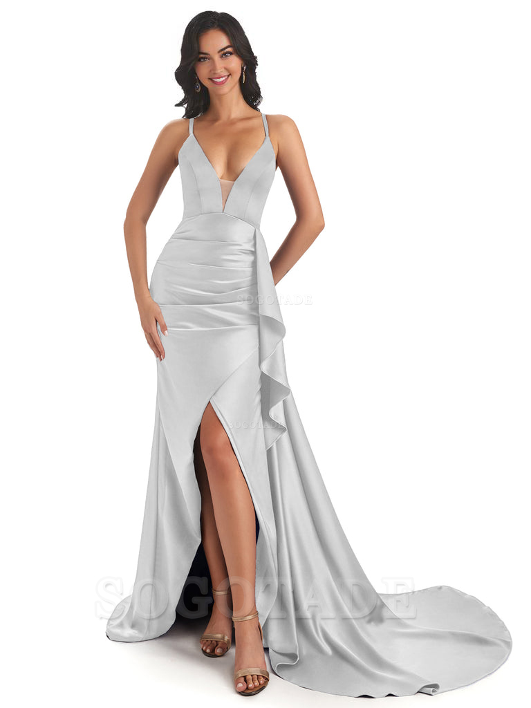 Sexy Spaghetti Straps Soft Satin Side Slit Pleats Unique Mermaid Bridesmaid Dresses prom shop dresses ﻿