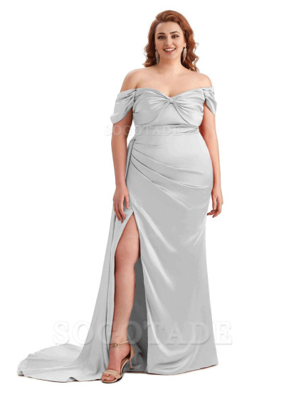  Sexy Side Slit Off The Shoulder Mermaid Soft Satin Long Plus Size Bridesmaid Dress For Wedding