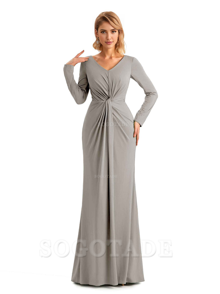 Elegant Simple Mermaid Pleats V-neck Long-Sleeves Floor Length Long Formal Bridesmaid Dresses