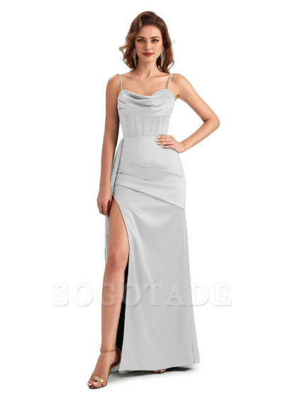 Sexy Side Slit Mermaid Silky Satin Spaghetti Straps Unique Wedding Guest Dresses