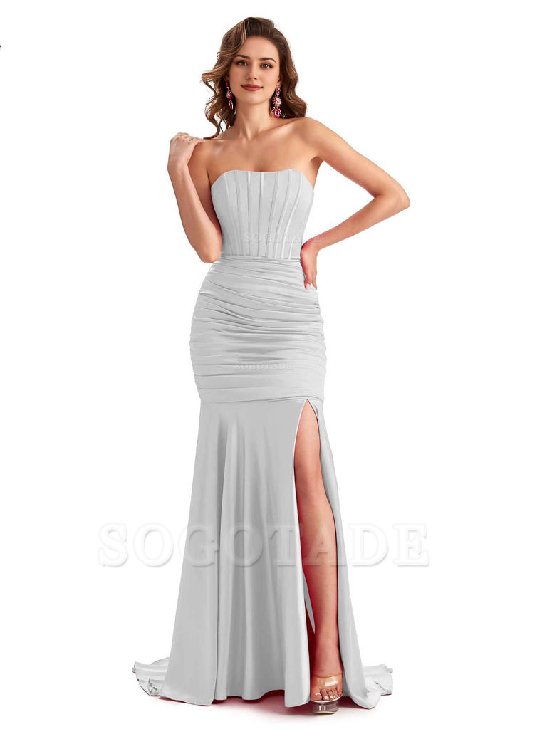 Sexy Strapless Side Slit Mermaid Silky Satin Formal Bridesmaid Dresses