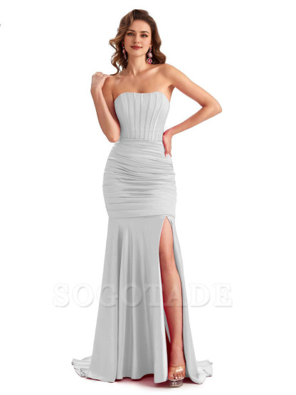 Sexy Strapless Side Slit Mermaid Silky Satin Formal Bridesmaid Dresses