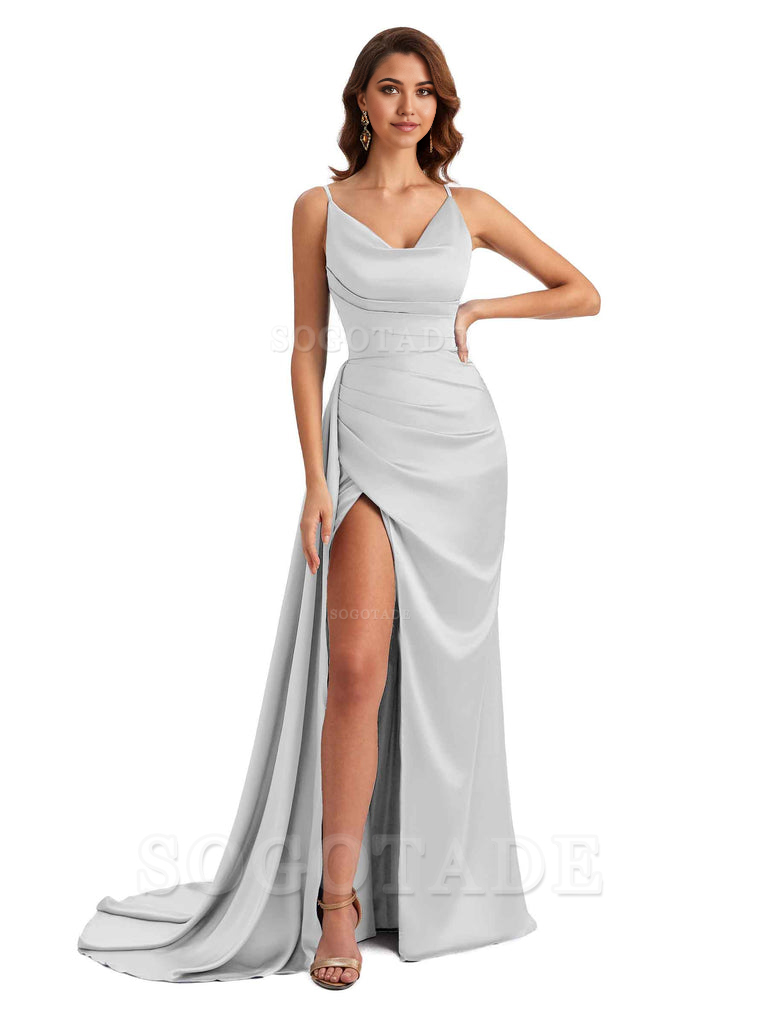Mermaid Cowl Spaghetti Satin formal dresses evening gown Bridesmaid Dresses With Side Slit