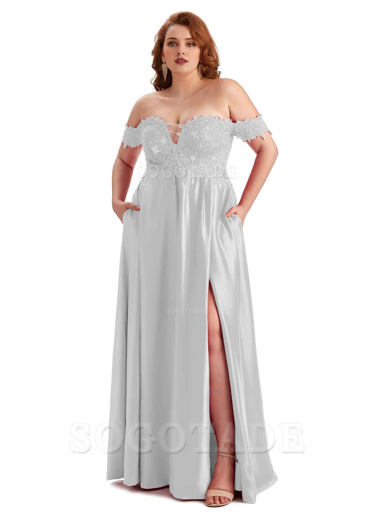 Off Shoulder Side Slit Lace Soft Satin Long Plus Size Bridesmaid Dresses For Wedding