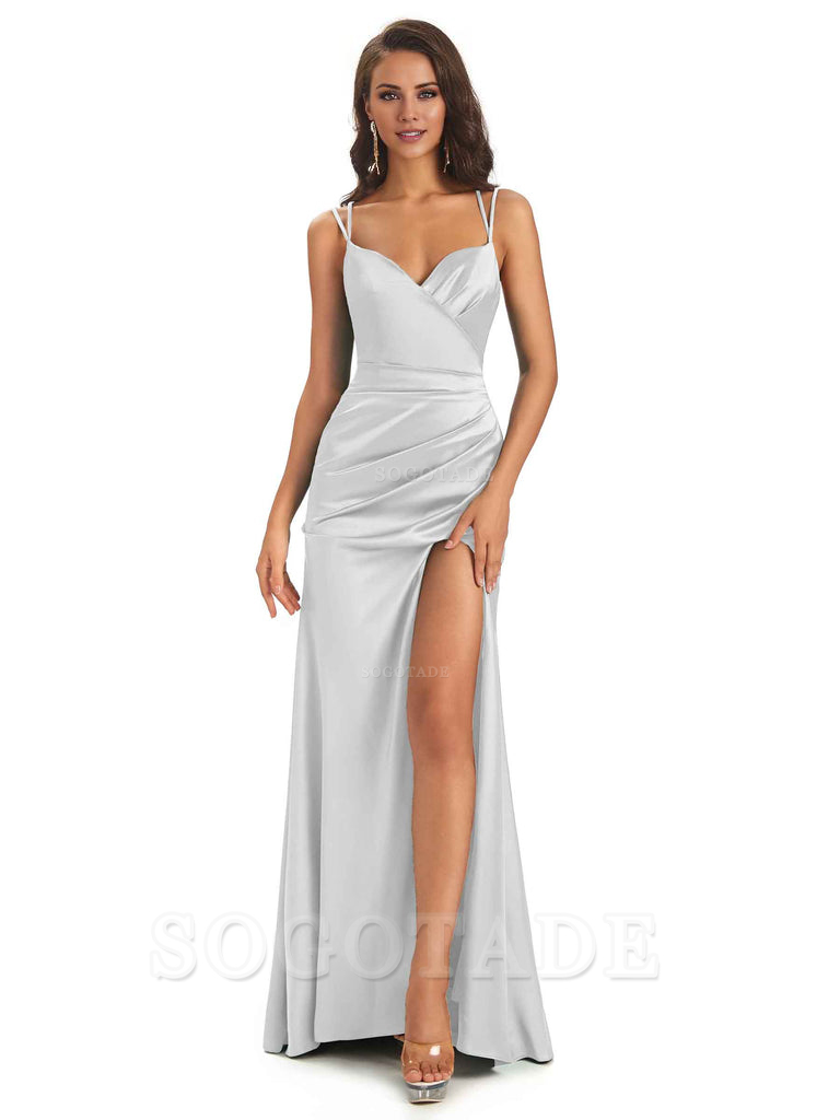 Sexy Soft Satin Side Slit Spaghetti Straps Long Maxi Mermaid Bridesmaid Dresses Elegant Evening Party Dress